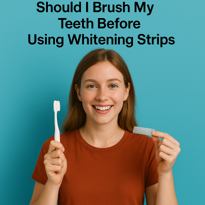  Young woman in Frisco tx in a burnt orange T-shirt smiling and holding a toothbrush in one hand and a whitening strip in the other, standing against a turquoise background with the question “Should I Brush My Teeth Before Using Whitening Strips?” written above her.