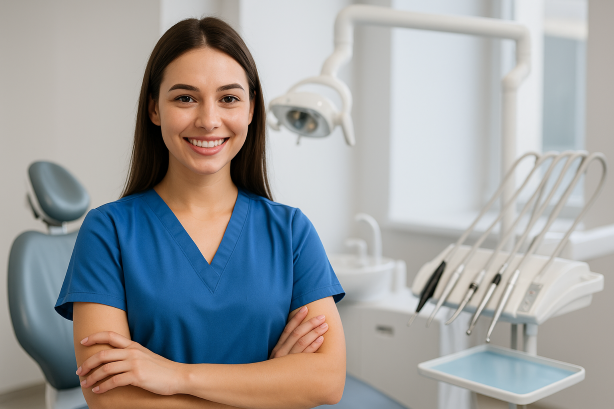Young female dental assistant in blue scrubs smiling confidently in a clean, modern dental office in Frisco, TX